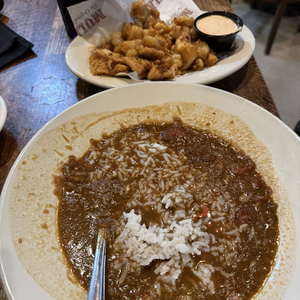 Grilled Catfish and Gumbo.  The catfish was supposedly "blackened".