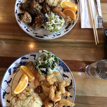 Great China - Two of the lunch specials: walnut prawns (front plate) and the mandarin chicken wings (back). Everything was delicious! - Chinese Near Me - Berkeley, California