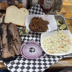 Barbecue brisket, baked beans and coleslaw