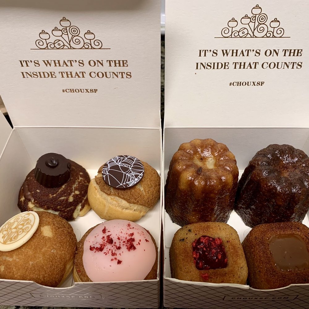 Choux Bakery - Peanut butter-chocolate, chocolate, vanilla & raspberry cream puffs.  Caneles, Financiers. - Bakeries Near Me - San Francisco, California