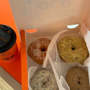 Old Ferry Donut - butter pistachio, white chocolate sesame, earl grey, original glazed donut, coffee - Donuts Near Me - Buena Park, California