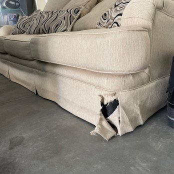 Legacy Upholstery - BEFORE: Dog chewed sofa corner - Furniture Reupholstery Near Me - Las Vegas, Nevada Legacy Upholstery - BEFORE: Dog chewed sofa corner - Furniture Reupholstery Near Me - Las Vegas, Nevada