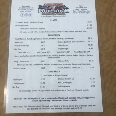Menu photo 1 Dawsonville Pool Room Dawsonville, GA