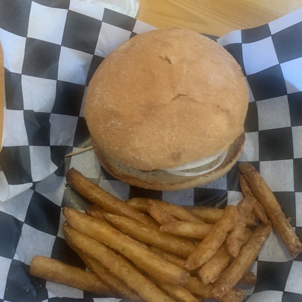 Small burger and seasoned fries Small burger and seasoned fries