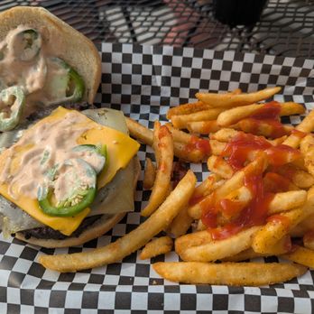 Berd's Grill & Bar - Angry American Burger with sliced jalapenos, pepperjack, and 'spicy' ranch. Great fries! - Restaurants Near Me - Fairfield, Ohio Berd's Grill & Bar - Angry American Burger with sliced jalapenos, pepperjack, and 'spicy' ranch. Great fries! - Restaurants Near Me - Fairfield, Ohio