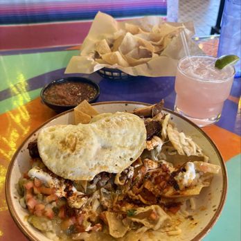 Funky Frida's - Chilaquiles verde with carne adovado Paloma to die for chips and salsa - Mexican Near Me - Phoenix, Arizona