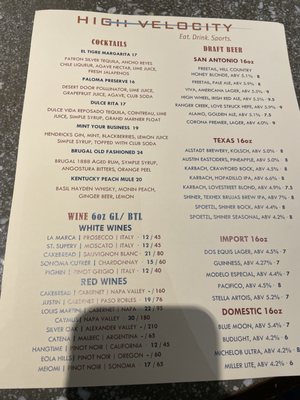 Menu photo 3 High Velocity San Antonio, TX