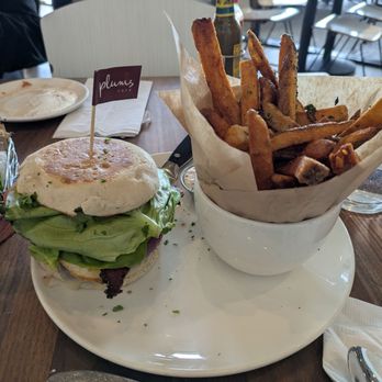Plums Cafe - Hangover Burger with fries = small portions, bland burger, yummy fries - Breakfast & Brunch Near Me - Costa Mesa, California Plums Cafe - Hangover Burger with fries = small portions, bland burger, yummy fries - Breakfast & Brunch Near Me - Costa Mesa, California