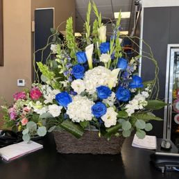 White Garden Basket (standard size; custom with blue flowers added)