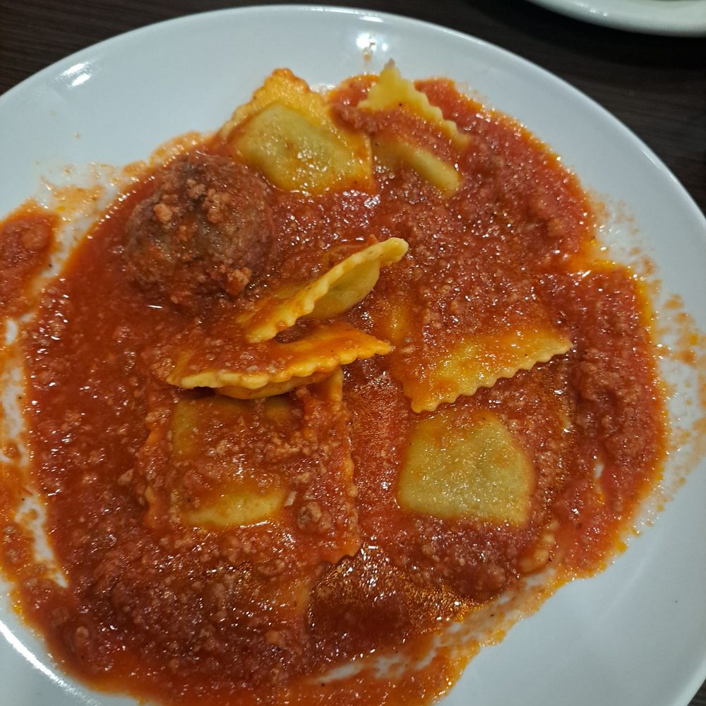 This ravioli was terrible.. frozen ravioli with some kind of gross tasting meat sauce and a little meatball. This ravioli was terrible.. frozen ravioli with some kind of gross tasting meat sauce and a little meatball.