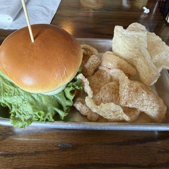 RailHouse Tavern - All the Way Burger with house made pork rinds - Burgers Near Me - Cordele, Georgia RailHouse Tavern - All the Way Burger with house made pork rinds - Burgers Near Me - Cordele, Georgia
