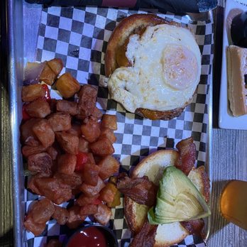 Hamburger Mary's - Platter of a Hangover Burger pre-assembly with roasted potatoes and ketchup - American Near Me - Ontario, California Hamburger Mary's - Platter of a Hangover Burger pre-assembly with roasted potatoes and ketchup - American Near Me - Ontario, California