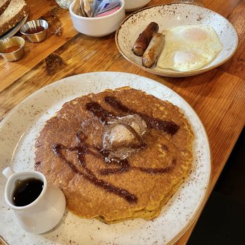 The National Exemplar - Pumpkin pancake with side of 2 eggs and sausage links (included) - Breakfast & Brunch Near Me - Cincinnati, Ohio The National Exemplar - Pumpkin pancake with side of 2 eggs and sausage links (included) - Breakfast & Brunch Near Me - Cincinnati, Ohio
