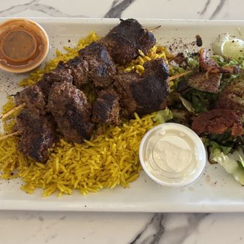 Mashawi Damascus Cuisine - Beef Kabob Plate with Rice & Salad and Dipping Sauces - Mediterranean Near Me - Castle Rock, Colorado
