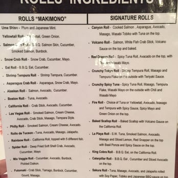 Sushi Zona - Roll Menu with ingredients - Sushi Bars Near Me - Tucson, Arizona