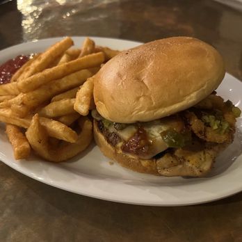 Wooden Hill Brewing - BBQ grilled chicken sandwich w/ fries ($15). Dry rub grilled chicken, honey bbq, dill jalapeño relish, pepper jack, raw and crispy onion. - Breweries Near Me - Edina, Minnesota Wooden Hill Brewing - BBQ grilled chicken sandwich w/ fries ($15). Dry rub grilled chicken, honey bbq, dill jalapeño relish, pepper jack, raw and crispy onion. - Breweries Near Me - Edina, Minnesota