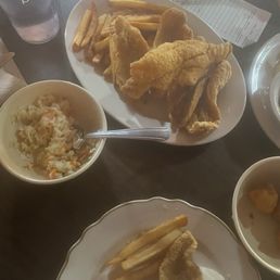 Fish, fries, coleslaw, hushpuppies
