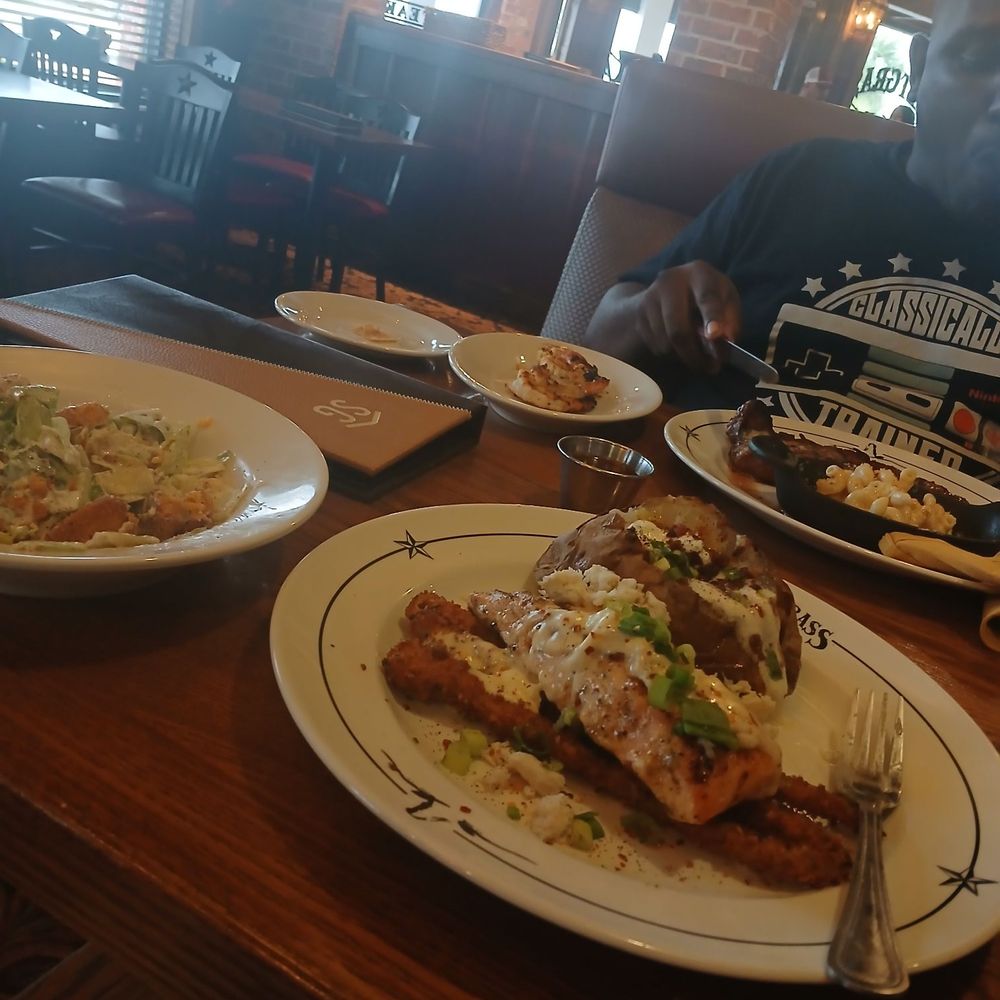Saltgrass Steak House - Salmon with crab, fried asparagus an a baked potato - Steakhouses Near Me - Port Arthur, Texas Saltgrass Steak House - Salmon with crab, fried asparagus an a baked potato - Steakhouses Near Me - Port Arthur, Texas