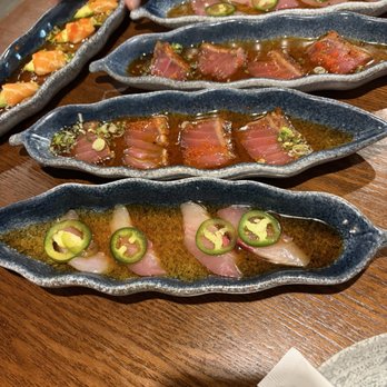 Nagoya - Appetizer yellowtail jalepeno, smiling salmon, and pepper tuna - Sushi Bars Near Me - Golden Valley, Minnesota