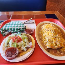 Cafe Mexico - Smothered beef burrito, taco, and tostada.