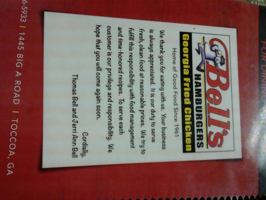 Menu photo 6 Bell's Drive-In Restaurant Toccoa, GA