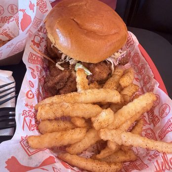 Urban Bird Hot Chicken - Tenders Sandoval Chicken Sandwich( light hot) with Crinkle Fries - Chicken Shop Near Me - San Antonio, Texas Urban Bird Hot Chicken - Tenders Sandoval Chicken Sandwich( light hot) with Crinkle Fries - Chicken Shop Near Me - San Antonio, Texas