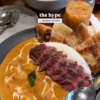 Hanuman Thai Eatery - Massaman curry with steak and roti, khao soi, thai tea - Thai Near Me - Costa Mesa, California