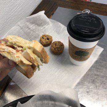 Genesis Coffee House & Eatery - Smokehouse chicken sandwich (can't see the bacon), protein bites, latte. - Coffee & Tea Near Me - Lexington, Kentucky