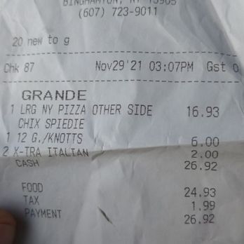 GRANDE ITALIAN RESTAURANT - a receipt for a pizza - Italian Near Me - Binghamton, New York GRANDE ITALIAN RESTAURANT - a receipt for a pizza - Italian Near Me - Binghamton, New York