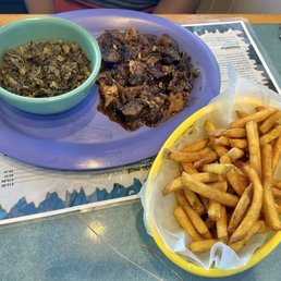 Jerk pork Fries Greens