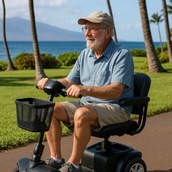 Akamai Mobility - Senior man wearing a hat riding a Buzzaround lightweight scooter near the ocean in Kihei, Maui.