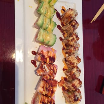 Sushi Sake - Across the Top: Sushi Sake Roll  Bottom left (green) Lemay Ferry Roll Bottom Right: Tiger Roll - Japanese Near Me - Saint Louis, Missouri