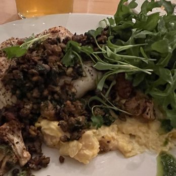 Bird Dog - Halibut with chorizo and cream corn - Bars Near Me - Mattawan, Michigan Bird Dog - Halibut with chorizo and cream corn - Bars Near Me - Mattawan, Michigan