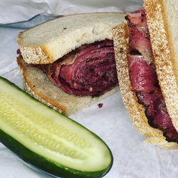Mill Basin Kosher Deli - Hot Pastrami Sandwich on Rye + pickle