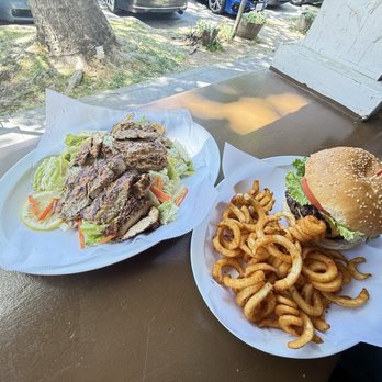Burgers and Brew - Caesar Salad - Full Sized with double chicken, Double cheese burger with curly fries - Burgers Near Me - Davis, California Burgers and Brew - Caesar Salad - Full Sized with double chicken, Double cheese burger with curly fries - Burgers Near Me - Davis, California
