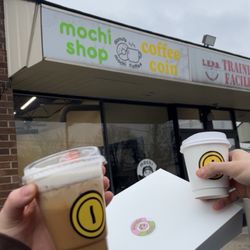 Coffee Coin - Iced & Hot Honey Almond Cookie latte, paired with 4 mochi donuts.