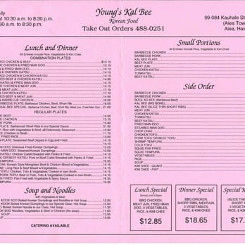 Young's Kalbee - Updated Menu as of 3/10/2016 - Korean Near Me - Aiea, Hawaii Young's Kalbee - Updated Menu as of 3/10/2016 - Korean Near Me - Aiea, Hawaii