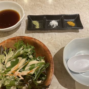 Inaba Restaurant - Trio of green tea, sea & curry salt for the tempura set - Japanese Near Me - Torrance, California