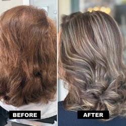 Before: flat copper  After: rich mocha with ash-blonde highlights + soft waves. Color + dimension in one visit at Kija Hair Salon.