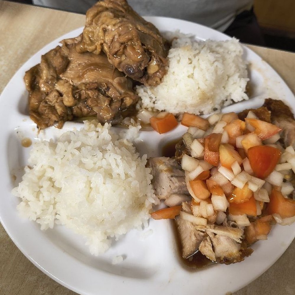 Two-choice plate with chicken adobo and Thelma's Special Two-choice plate with chicken adobo and Thelma's Special