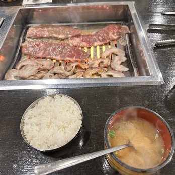 Seoul House - Korean bbq and pork belly on the grill with white rice and miso soup. - Korean Near Me - Toronto, Ontario