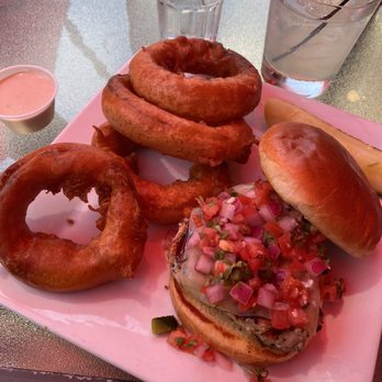 Fire By The Monon - Southwest Chicken Sandwhich with onion rings - American Near Me - Indianapolis, Indiana Fire By The Monon - Southwest Chicken Sandwhich with onion rings - American Near Me - Indianapolis, Indiana