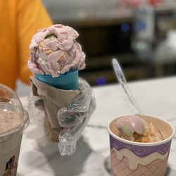 Taylor's Cereal Bowl Kitchen - Rainbow sherbet in a blue cake cone.  Chocolate shaker.  Rainbow sherbet in a cup.