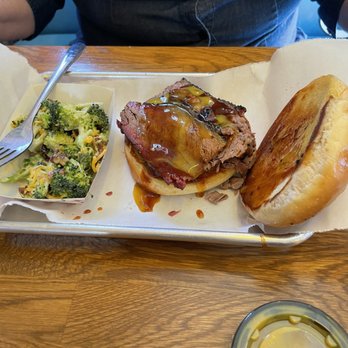 Martin's Bar-B-Que Joint - Brisket sandwich with broccoli salad. - Barbeque Near Me - Charleston, South Carolina Martin's Bar-B-Que Joint - Brisket sandwich with broccoli salad. - Barbeque Near Me - Charleston, South Carolina