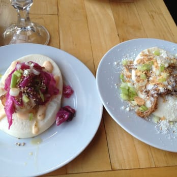 Oiistar - Left: shrimp tempura bun-very good, tastes like a fish taco Right: pulled pork w/ cotia-too dry, skip it, others are all better - Asian Fusion Near Me - Chicago, Illinois Oiistar - Left: shrimp tempura bun-very good, tastes like a fish taco Right: pulled pork w/ cotia-too dry, skip it, others are all better - Asian Fusion Near Me - Chicago, Illinois