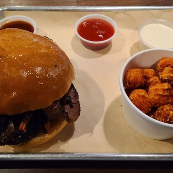 KINSmoke - Beef Brisket, lean on Brioche Bun with side of Sweet Potato Tater Tots. - Barbeque Near Me - Healdsburg, California