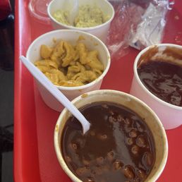 3 sides. Potato salad, Mac & cheese, BBQ sauce on side 3 sides. Potato salad, Mac & cheese, BBQ sauce on side