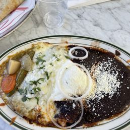 Half Chicken Mole Enchiladas, half Chicken Enchiladas Suizas Half Chicken Mole Enchiladas, half Chicken Enchiladas Suizas
