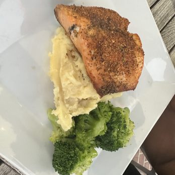 Stripers Waterside - Salmon potato salad and broccoli - Seafood Near Me - Norfolk, Virginia Stripers Waterside - Salmon potato salad and broccoli - Seafood Near Me - Norfolk, Virginia