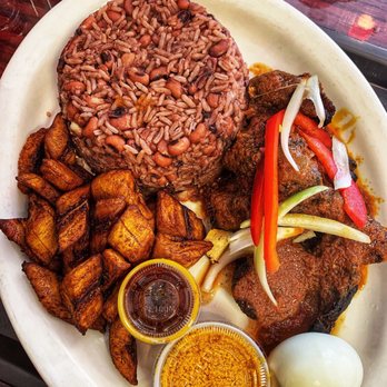Garden City Restaurant - Waakye with goat meat, fried plantains, garri, shitto, egg - African Near Me - Union, New Jersey
